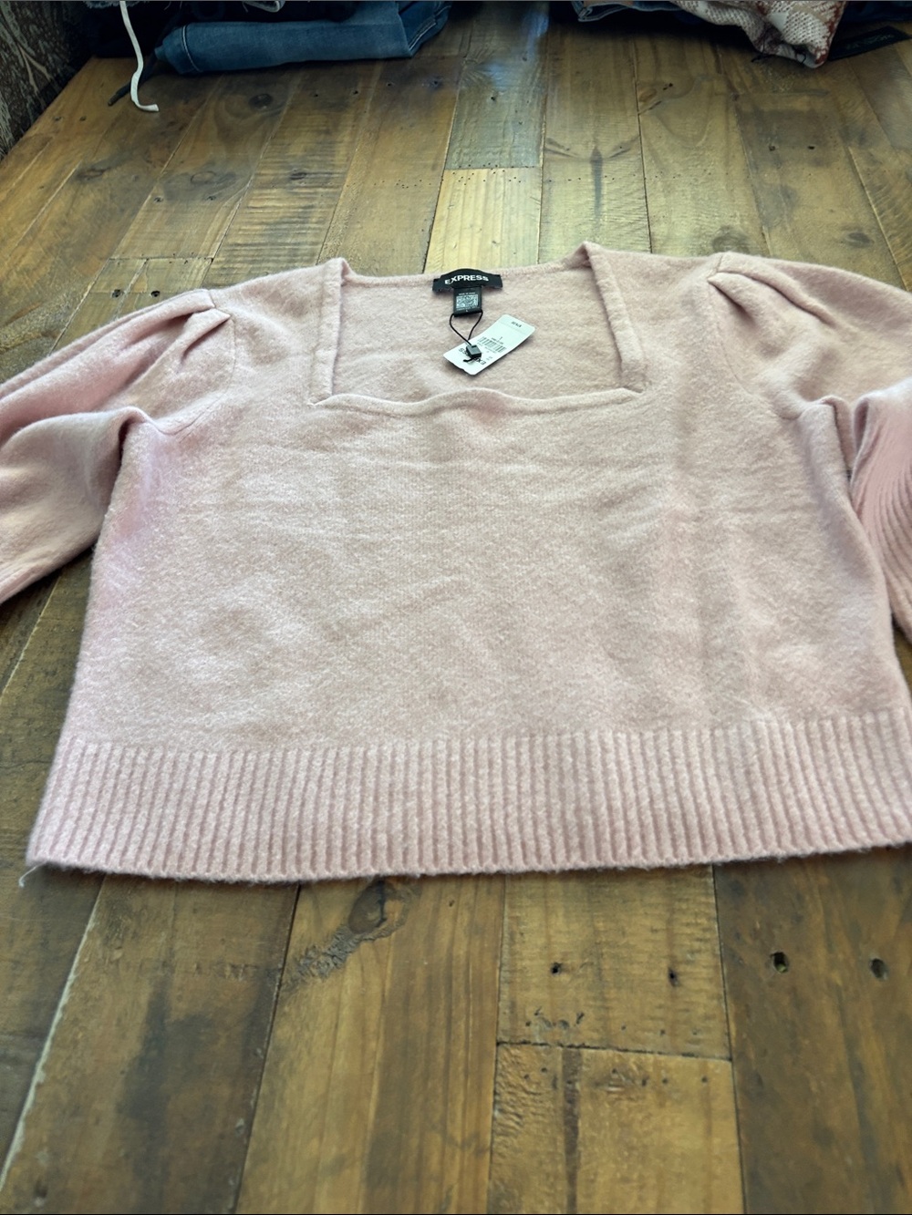Express Light Pink Square-Neck Puff Sleeve Sweater